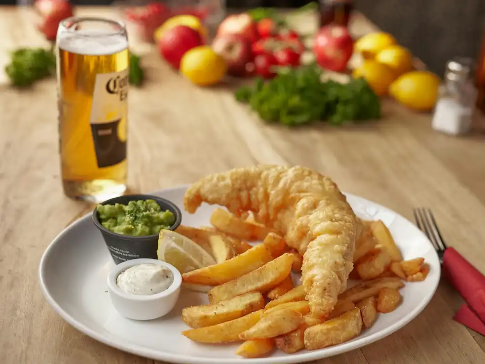 A delicious dish of fish and chips.