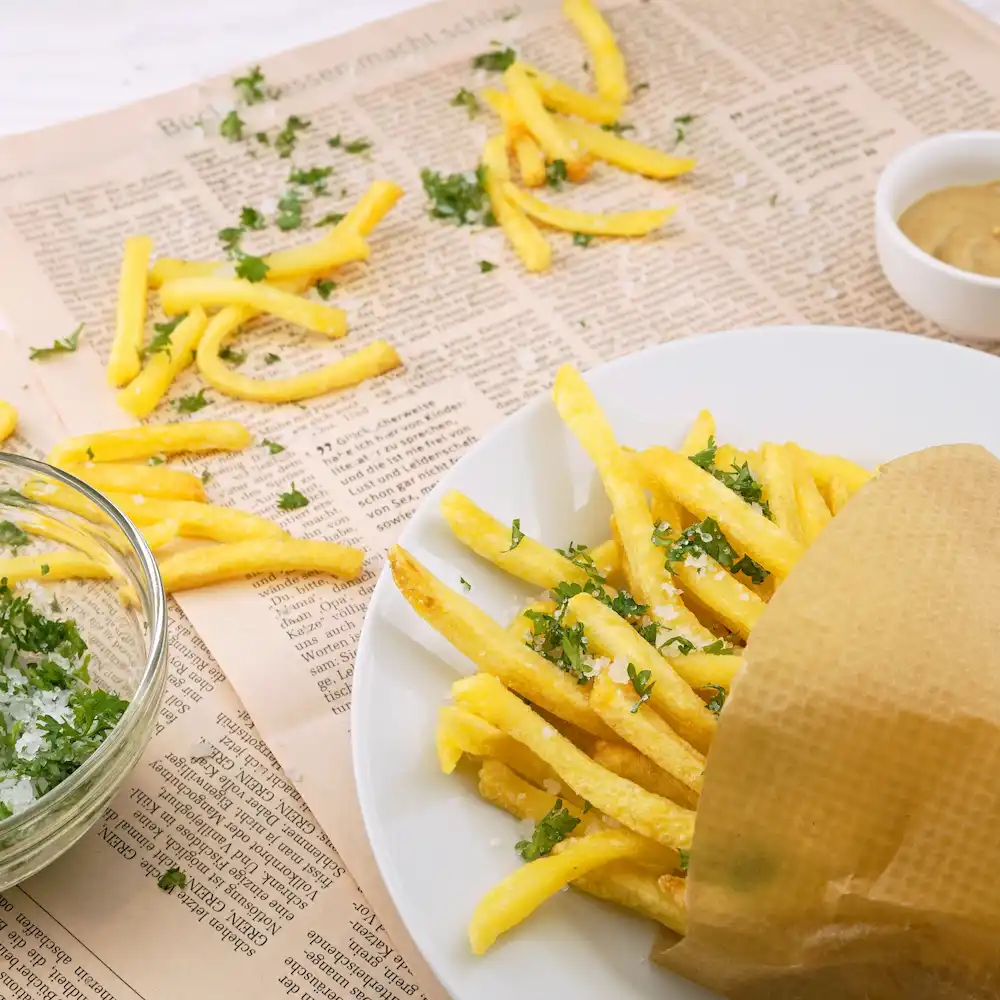 An image of a dish with a plenty amount of fries with herbs on them, some of the fries are laid out on a newspaper placed on top of a table.